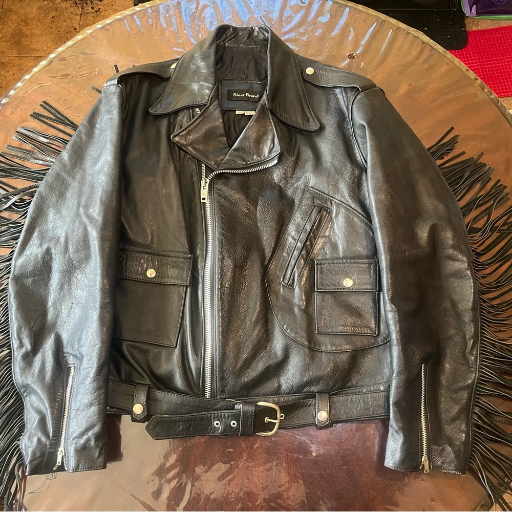 Vintage Genuine Black Leather And Fringe Coat Made In U.S.A Unisex Size 46R